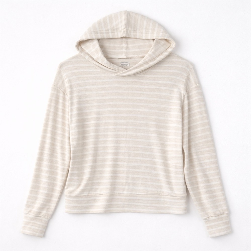 A New Day Knit Hooded Shirt Size Small Cream Striped Lightweight Pullover Casual